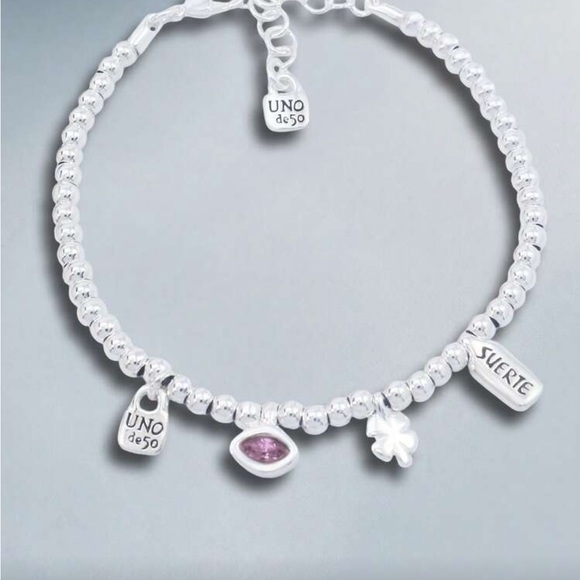 Uno de 50 Silver Beaded Charm Bracelet Amethyst Stone Suerte Clover - Picture 2 of 3